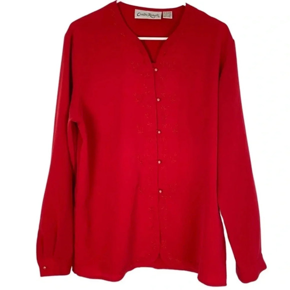 Vintage Tops - Vintage 80s 90s Embroidered Button Down Blouse Womens Size 14 XL Red Shirt Top